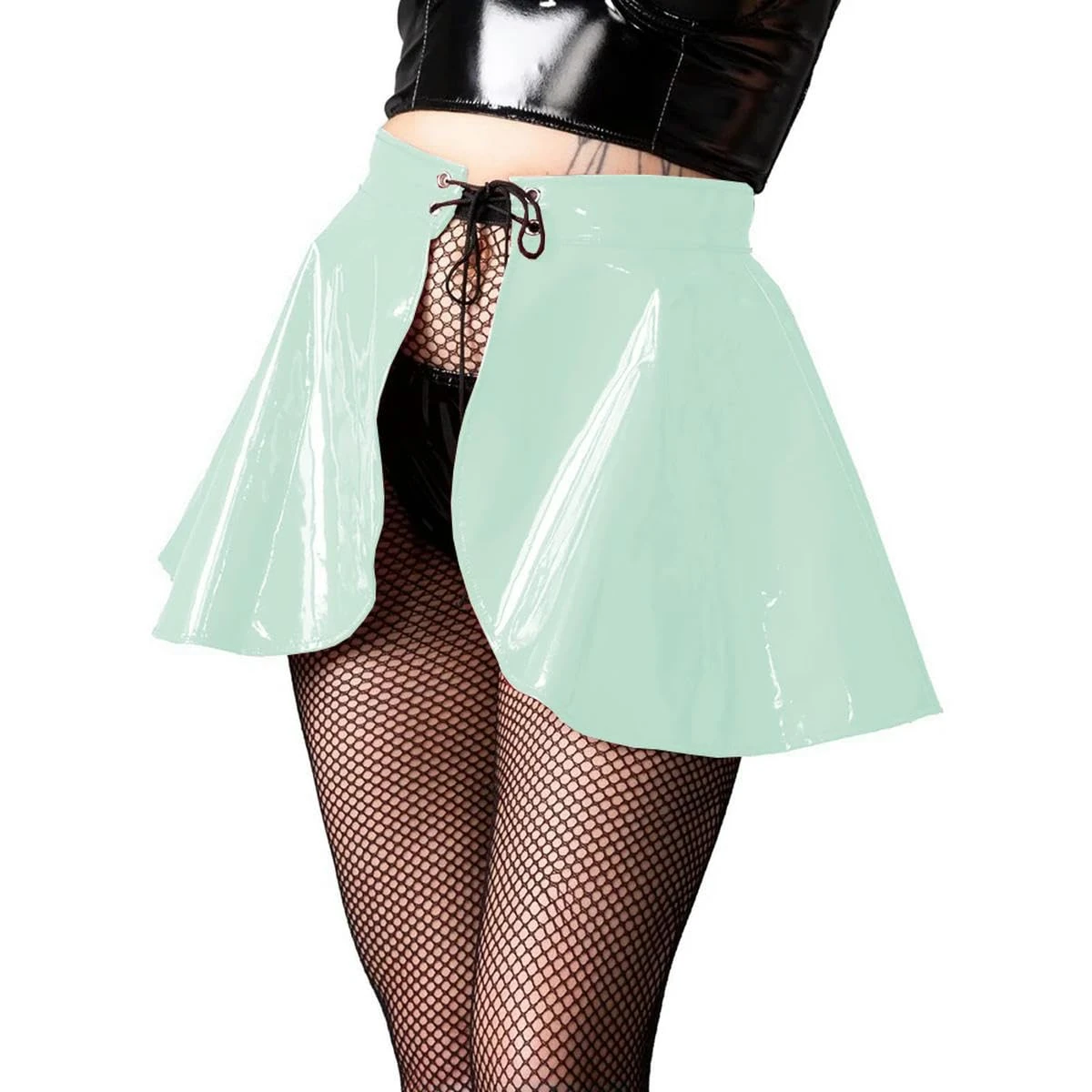 XINLIANYI PVC Mini Skirt Shiny Patent Leather lace up Skirt Vinyl Ruffles Plus Size Light Green