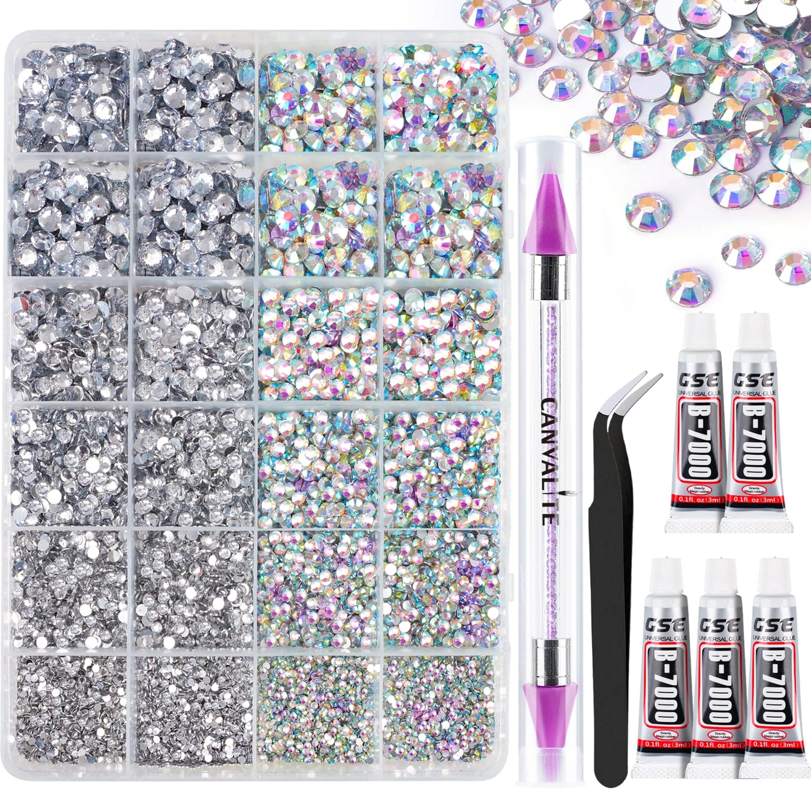 Canvalite 28000PCS Resin Jelly Rhinestones for Crafting,Clear AB Flatback Gems, Bedazzling Crystal with 5 X 2.5g B7000 Jewelry Glue and Tweezers and Dotting Pen for DIY Crafts Clothing Shoes Nail Art