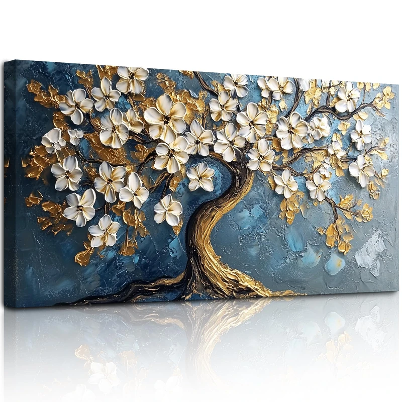 SERIMINO Tree of Life Large Canvas Wall Art, Abstract Gold Tree Modern Office Decorations, Nature White Floral Artwork for Walls, Navy Blue Pictures Wall Decor Living Room Bedroom Art Prints 20"X40"