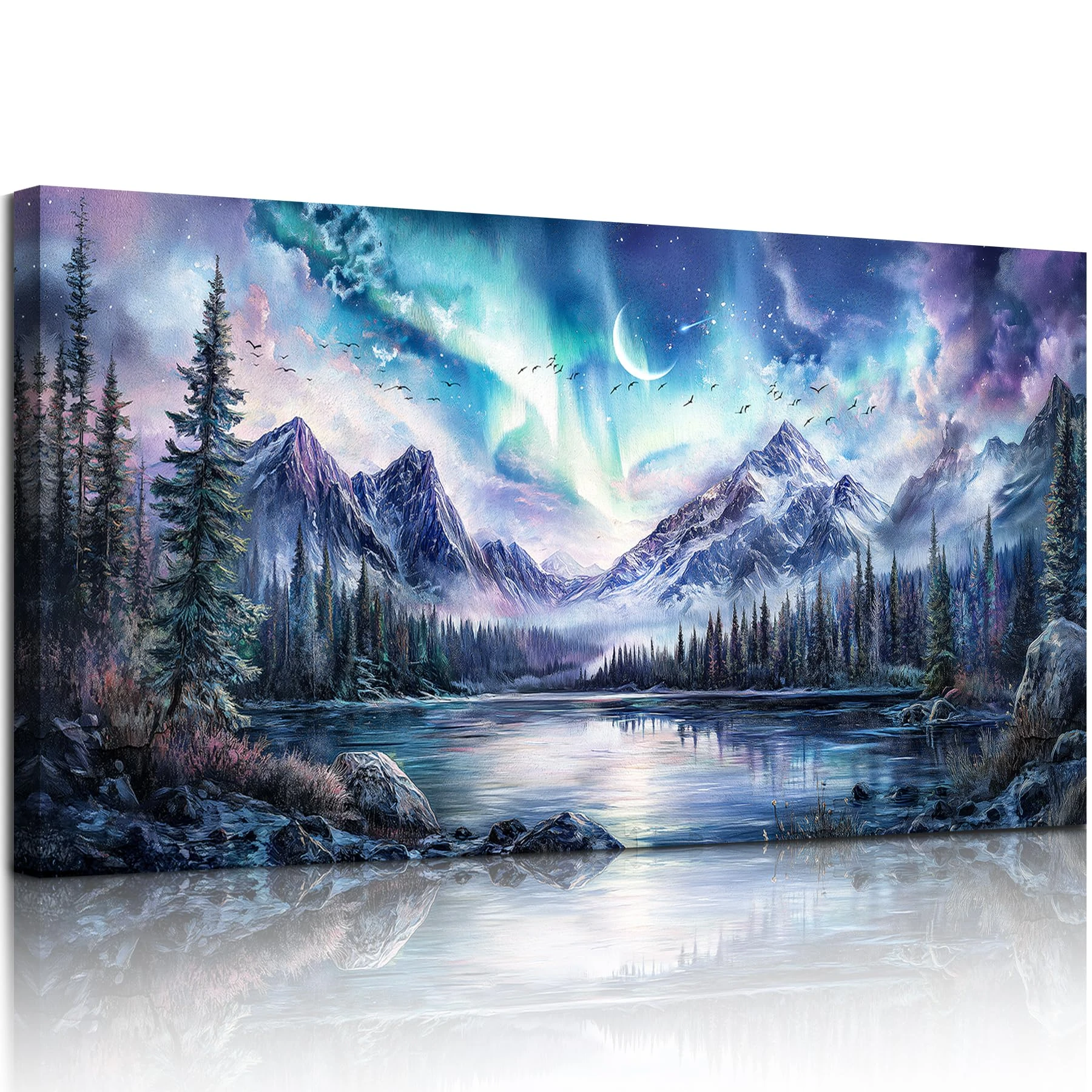 SERIMINO Landscape Large Wall Art for Living Room, Fantasy Aurora Scenic Canvas Prints, Mountain Forest Nightscape Aesthetic Wall Decor for Bedroom, Moon Stars Rustic Farmhouse Decor Pictures 30"X60"