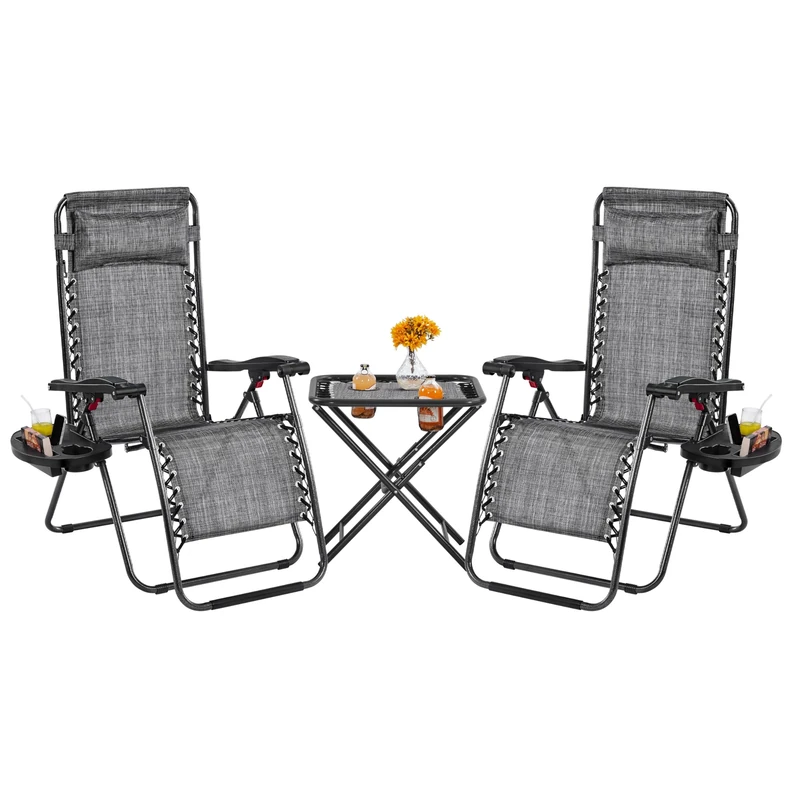 Yaheetech 3PCS Zero Gravity Recliner Portable Foldable Outdoor Sunlounger Table Set w/Pillow & Carry Strap for Patio Deck Garden Pool Gray