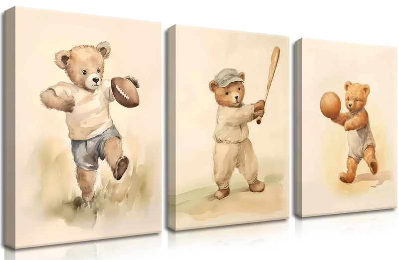 Bear Rugby Sports Nursery Canvas Wall Art Set of 3 - Cute Vintage Baby Bear Pictures Paintings Poster Prints, Nursery Animal Wall Decor for Children Bedroom Boy Room Decoration 16x24 inch Framed