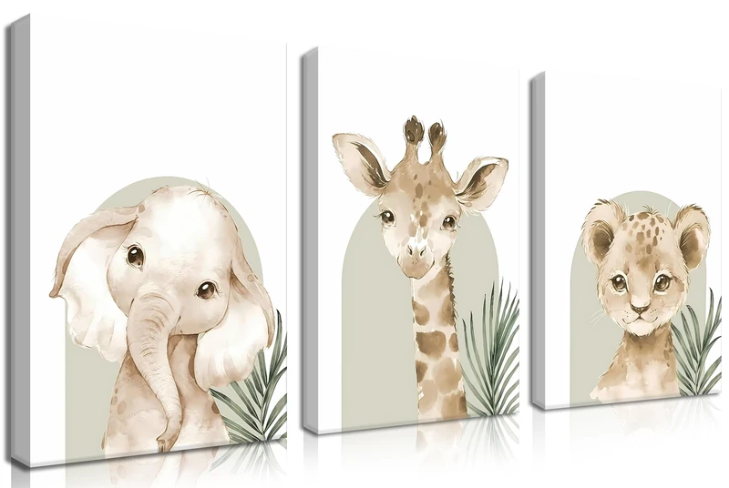 Nursery Wall Decor Set of 3, Cute Animal Lion Elephant Baby Pictures Poster Prints, Giraffe Jungle Canvas Wall Art Woodland Nursery Decor for Boys Girls Room Decoration 16x24 inch Framed