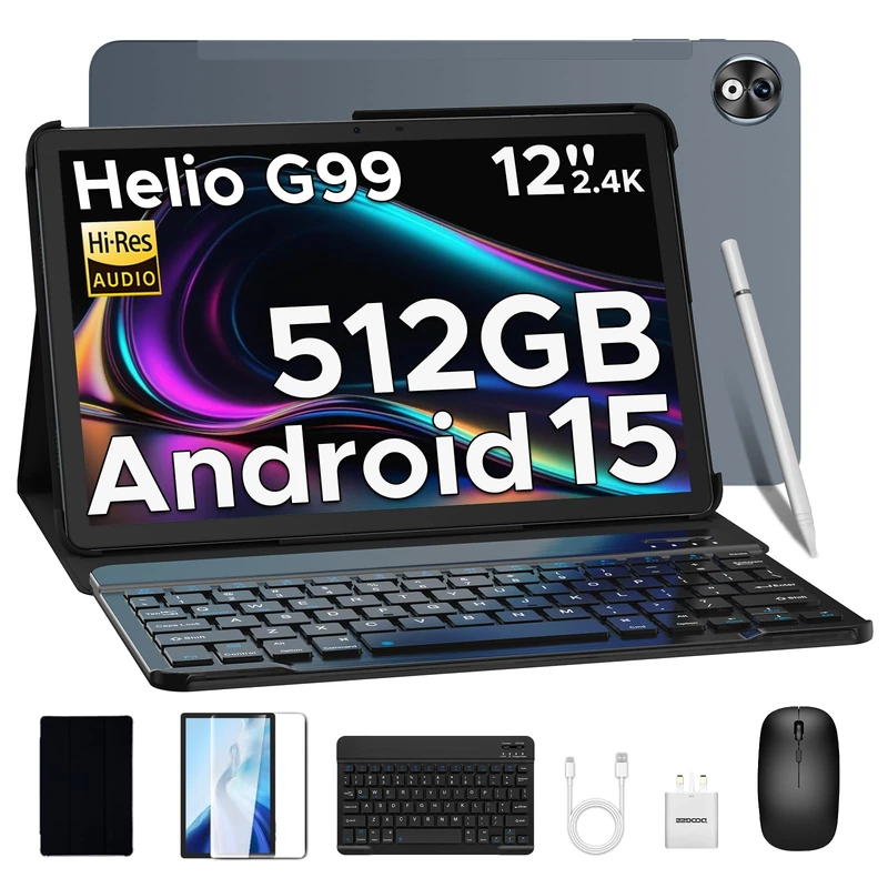 T40PRO 12 inch Tablet 4G With SIM Card Slots, 2.4K Display&10800mAh Battery, Android 15 Tablet, 20GB+512GB/2TB, 6nm Helio G99, Hi-Res Speaker, Tablets With Keyboard/Mouse/Case/Pen, Gray