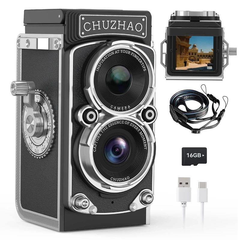 Mini Vintage Camera, Portable Retro Twin-Lens Reflex Digital Camera with 16GB Card, 12MP Photos, Autofocus, 1080P FHD Video, 1000mAh Battery and Dual Filters
