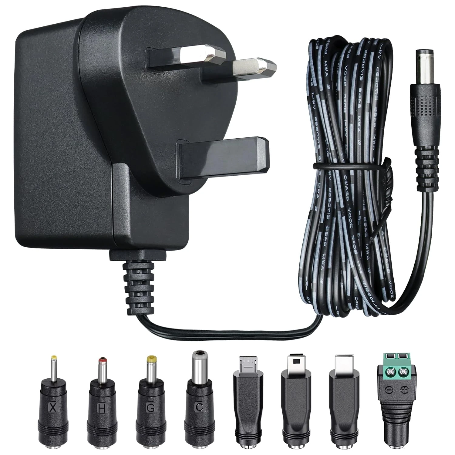 5V 1A 5W 1.8M Long Power Supply Adapter, AC DC Switching Adapter (Input 100-240V, Output 5Volt 1Amp 1000mA), Wall Mount Transformer Plug with 8 Interchangeable Adapter Jacks, UKCA Listed