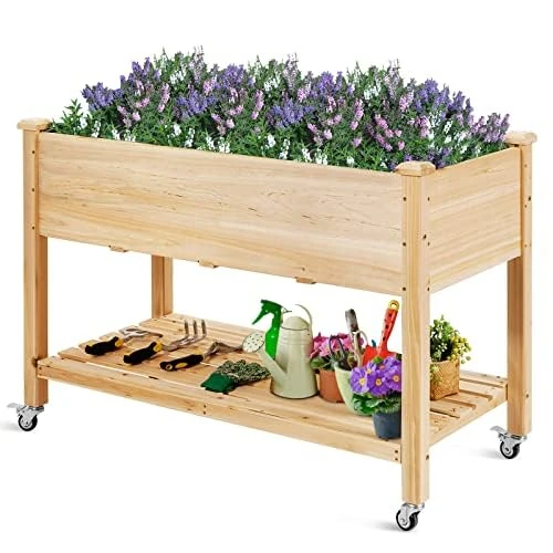 FANTASK Raised Bed, Fir Wood, Natural, 120 x 59 x 84 cm (Mit Rollen)