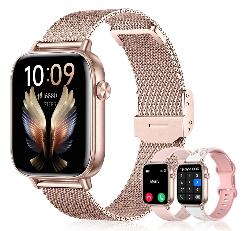 HXQHSTBG Smart Watch for Women (Answer/Make Calls) 1.83" HD Health Tracker Smartwatch with 3 Bands/Heart Sleep Rate, 120+ Sports Modes IP68 Waterproof Compatible Android iPhone Phones, Rose Gold