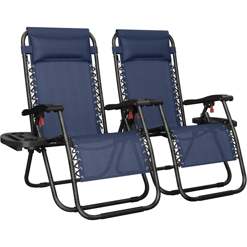 Yaheetech 26" Zero Gravity Recliners Outdoor Adjustable Folding Reclining Lounge Chairs w/Pillows, Cup Holder Trays and Carry Strap for Patio Backyard Beach Navy Blue Set of 2