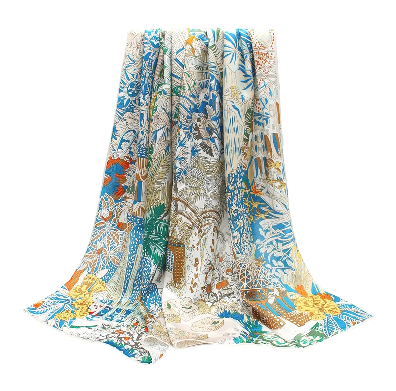 ANDANTINO 100% Silk Scarf 43" Large Square Lightweight Headscarf& Shawl–Women Hair Wraps-With Gift Packed, Beige&blue, Large