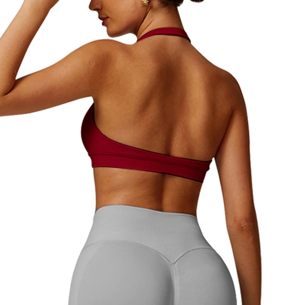 JN JANPRINT Workout Sports Bras for Women Halter Neck Running Bra Padded Open Back Seamless Bralette Gym Bra Yoga Crop Top Burgundy