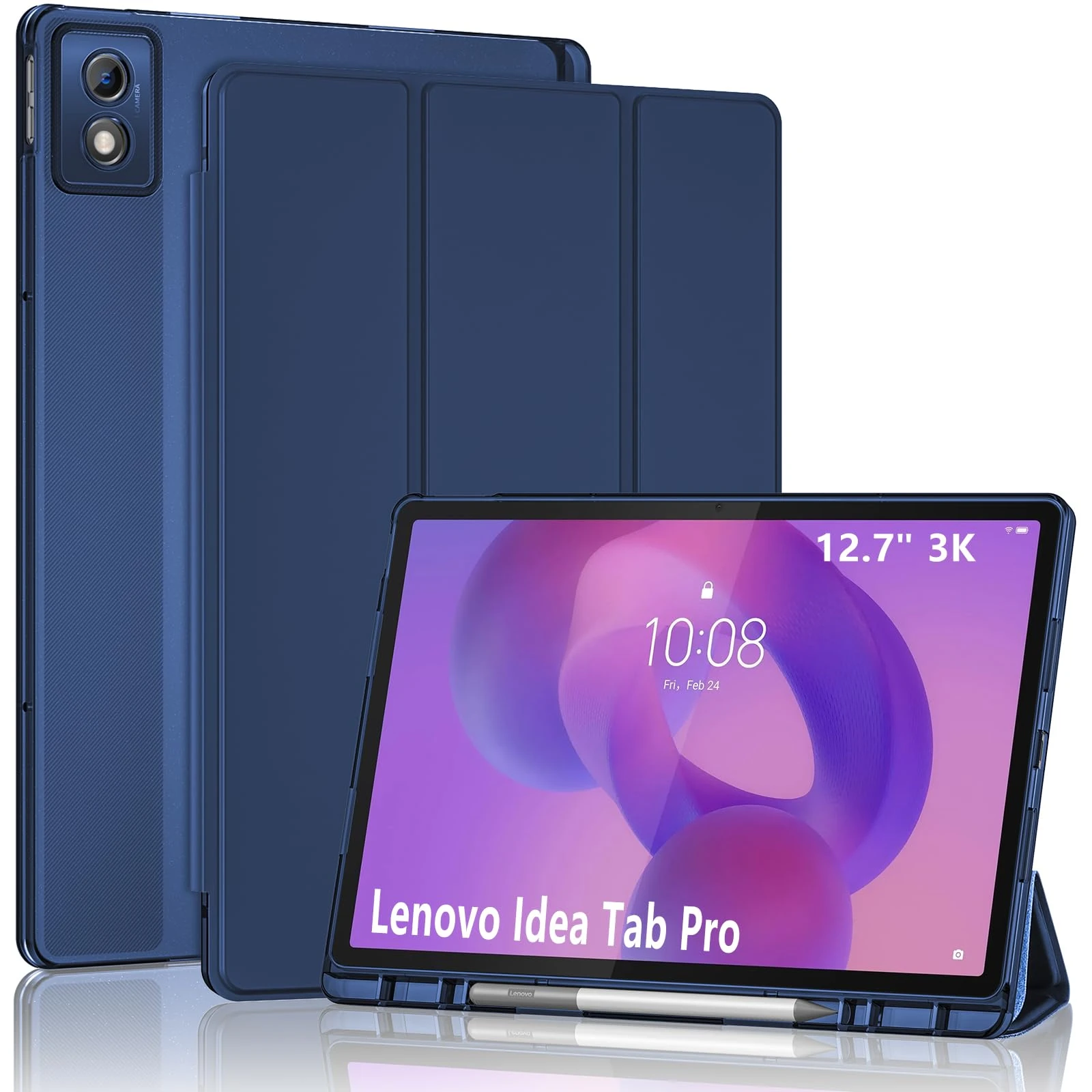 ProCase Smart Case for Lenovo Idea Tab Pro 12.7-Inch 2025 with Pen Holder, Slim Stand Tri-Fold Protective Tablet Cover Translucent Back Case Support Auto Wake/Sleep -Navy