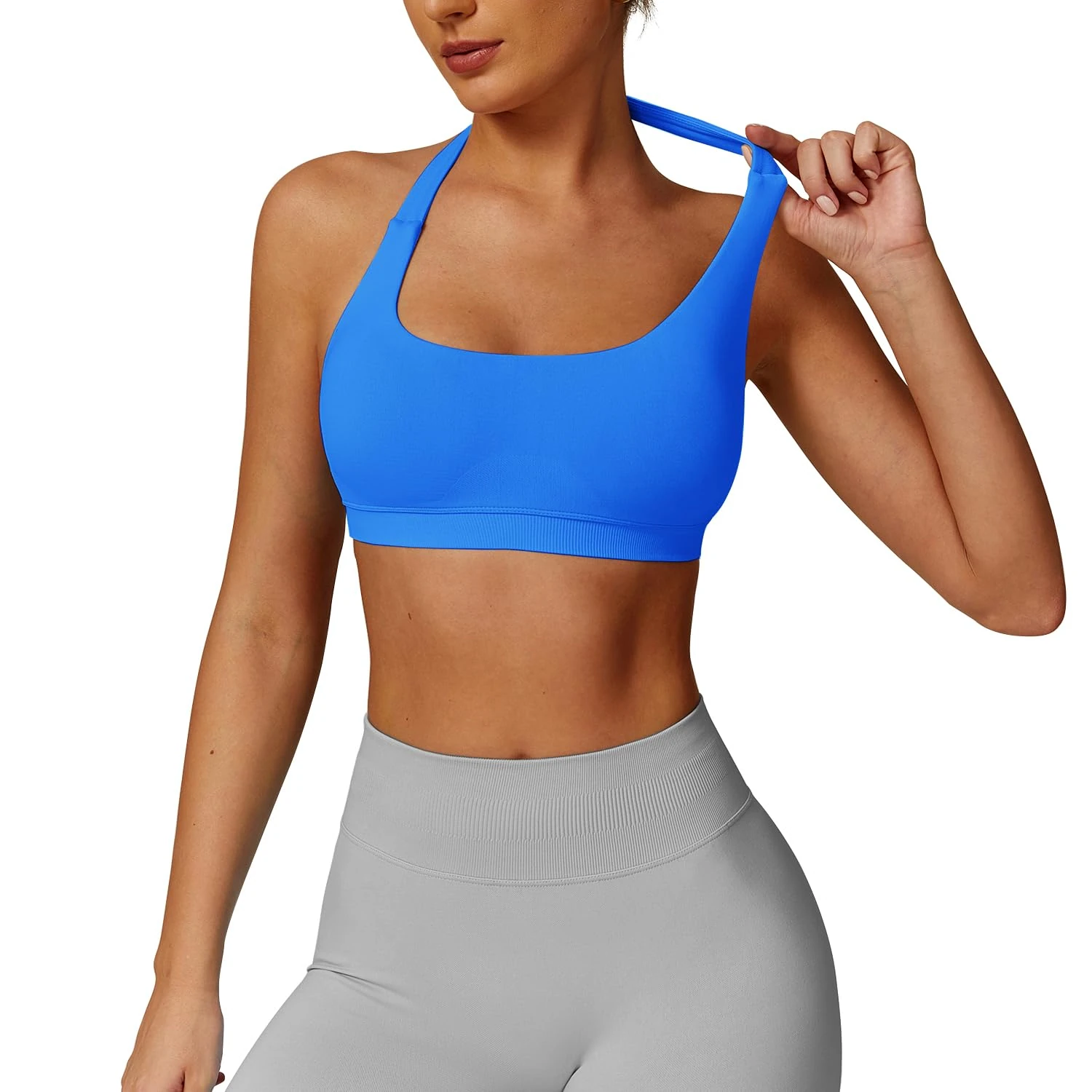 JN JANPRINT Workout Sports Bras for Women Halter Neck Running Bra Padded Open Back Seamless Bralette Gym Bra Yoga Crop Top Blue