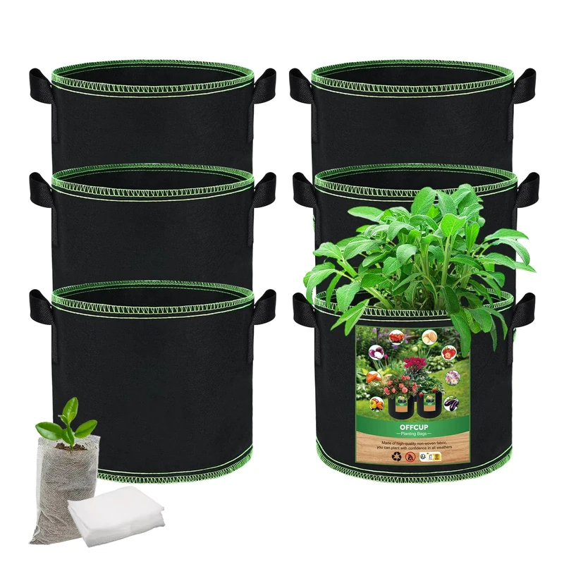 OFFCUP Plant Grow Bags, 6 Pack 3 Gallon Growing Bags with 100 Pcs Plant Seedling Bag, Heavy Duty Thickened Fabric Pots, Planter Container for Vegetables Flowers Herbs Potato Tomato Strawberry, Black