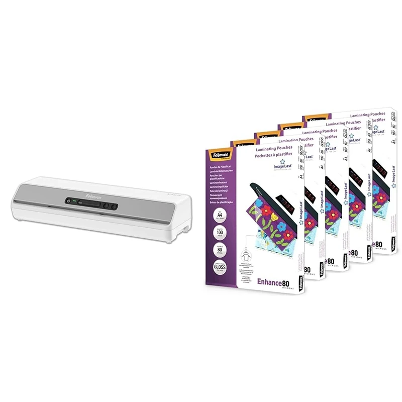 Fellowes Amaris A3 Laminator Machine - Auto Shut Off & Sleep Mode – 80-175 Micron + Fellowes A4 Laminating Pouches - Gloss Finish - 500 Sheets, 2 x 80 Micron Finish