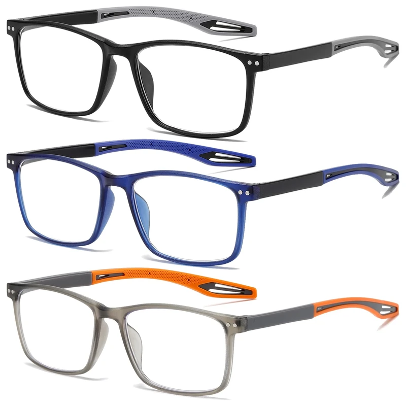Fsread 3 Pack Reading Glasses for Men Sporty Style Blue Light Blocking Square Frames Lightweight Comfortable Readers +1.5