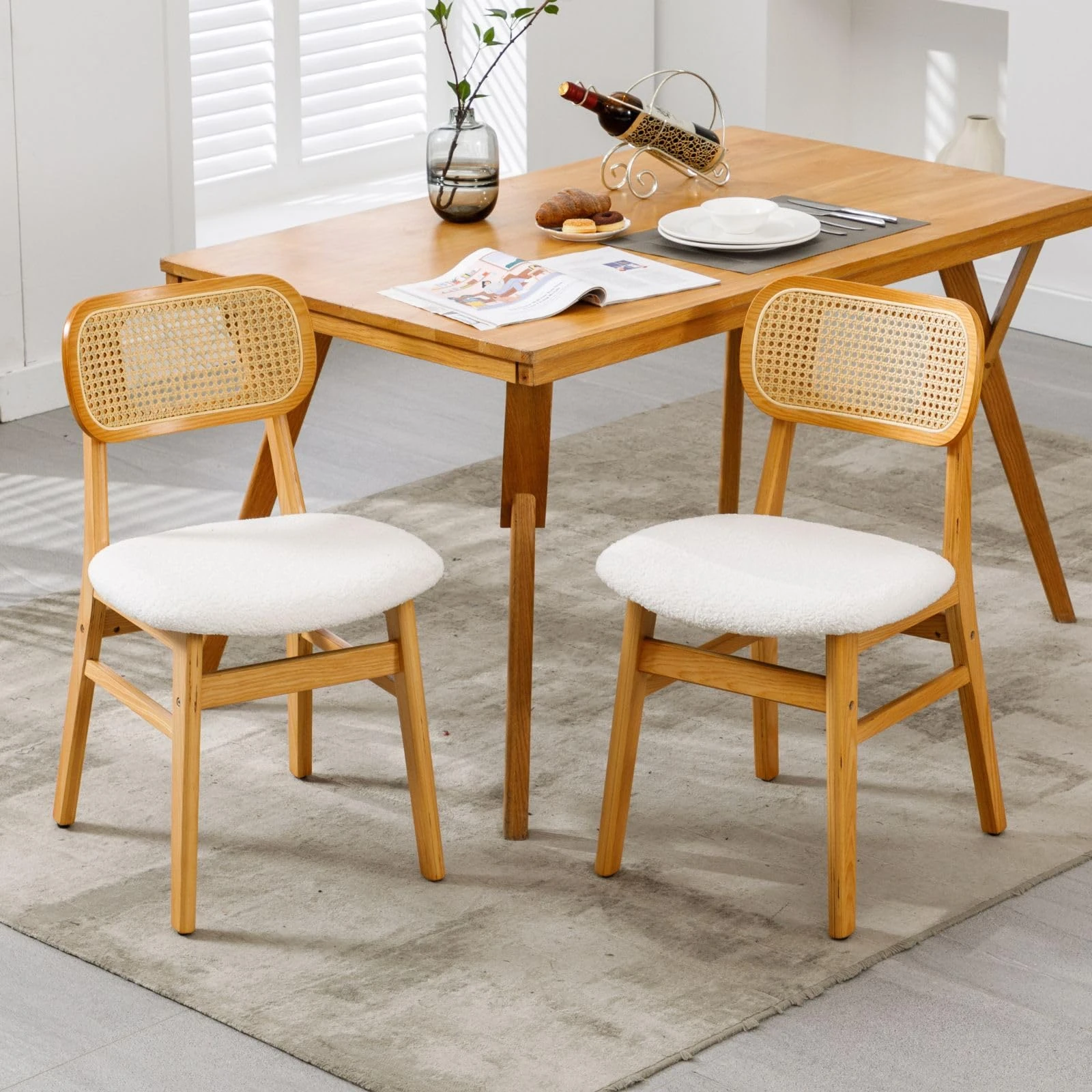 Ya-Home Rattan Dining Chairs Set of 2 Retro Comfort Padded Faux Fur Kitchen Chairs with Wooden Legs for Dining Room, Beige