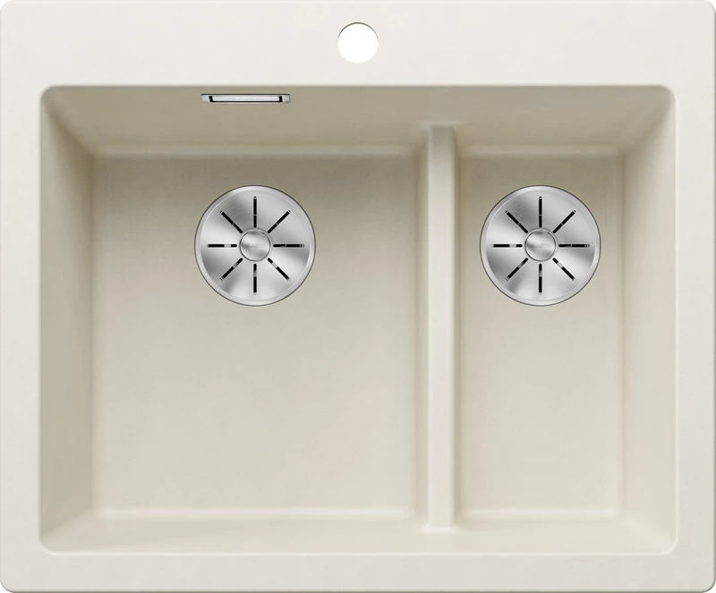 BLANCO Pleon 6 Split Granite Sink Silgranit Soft White Installation from Top Main Basin Left for 60 cm-Wide Base Cabinets Split Concept: Lowered Basin Bridge Without Drain Remote Control