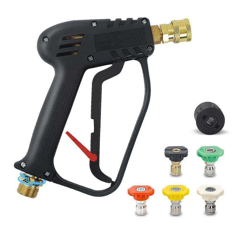 Xynovia 4000PSI High Pressure Washer Gun(M22 14MM) for Karcher, Stubby Swivel Car Wash Gun with Quick Release, 5 Nozzle Tips, Jet Wash Gun Handle for Car Cleaning Compatible for Karcher