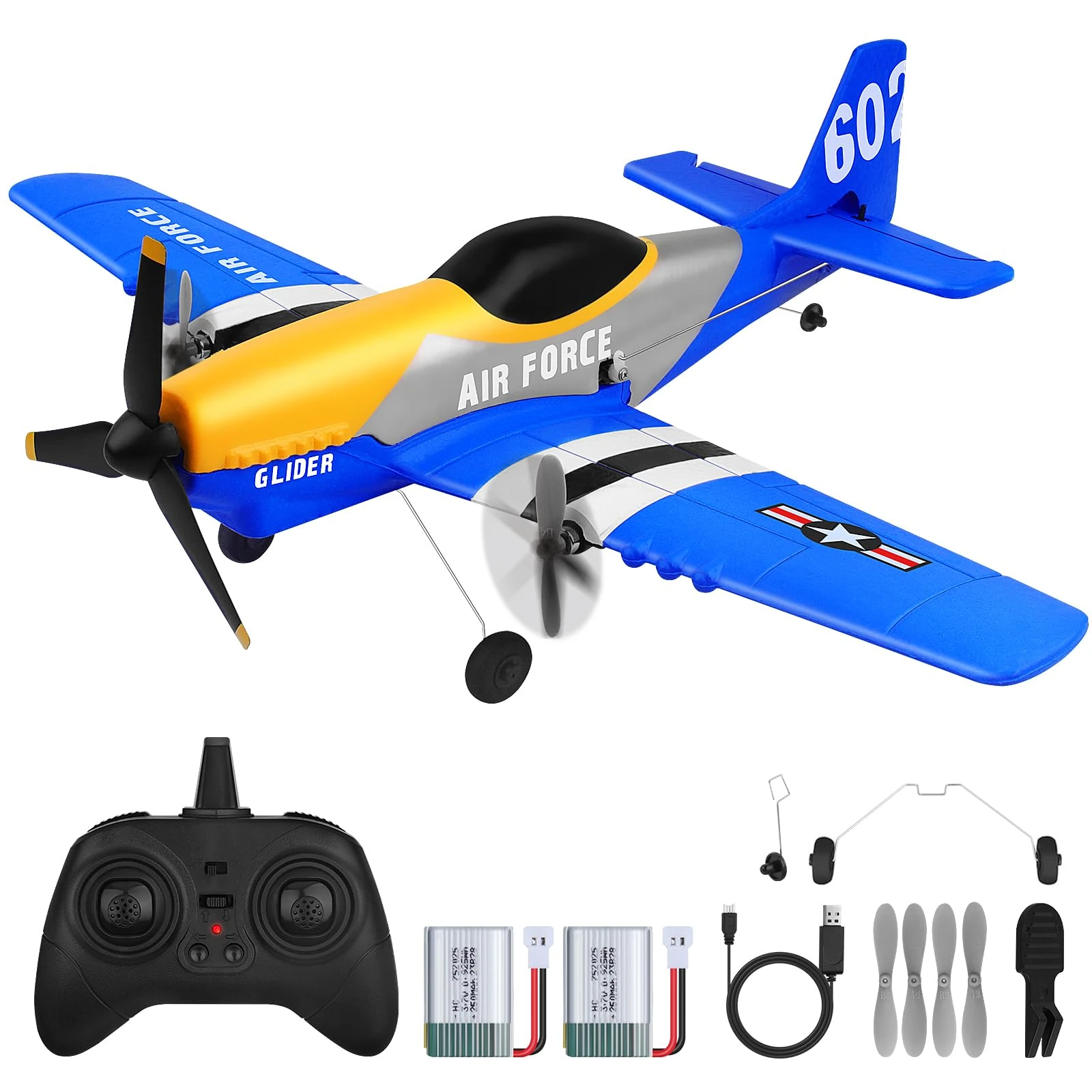 yusvwkj RC Plane,3 Channel 2.4GHz RC Airplane P51D Mustang Fighter Toys with 2 Batteries, Remote Control Airplane, Easy to Fly for Beginners Adults Kids