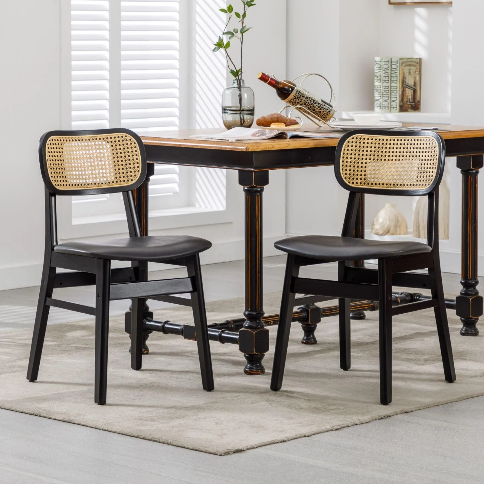 Ya-Home Rattan Dining Chairs Set of 2 Retro Comfort Padded PU Leather Kitchen Chairs with Wooden Legs for Dining Room, Black