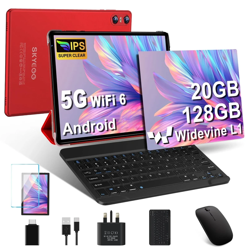 SKYEGG Tablet 10 Inch Android 14 – 20GB RAM 128GB ROM (1TB Expand), Octa-Core, WiFi 6, FHD IPS, Widevine L1, USB-C, 6000mAh – with Keyboard, Mouse, Case – Red