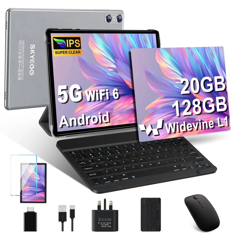 SKYEGG Tablet 10 Inch Android 14, Gemini AI, 20GB RAM 128GB ROM (1TB Expand), Octa-Core, WiFi 6, FHD IPS, Widevine L1, USB-C, 6000mAh – with Keyboard, Mouse, Case – Grey