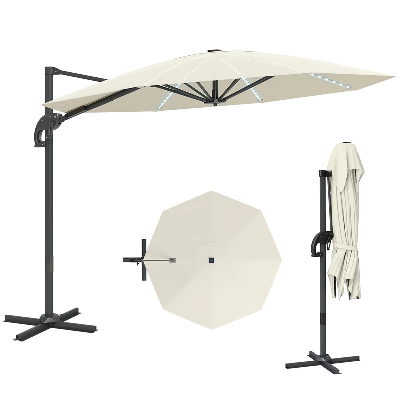 Outsunny 3(m) Cantilever Garden Parasol with Solar Powered Lights, Fibreglass Ribs, Crank Handle & Cross Base, UPF 50+, 360° Rotation, Overhanging Patio Umbrella for Patio Market, Cream - Image 1