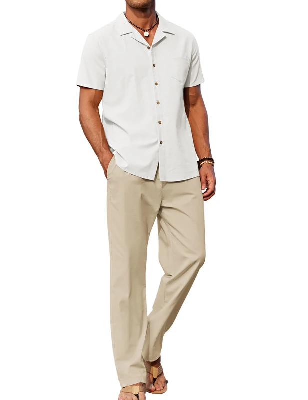 COOFANDY Men 2 Piece Linen Outfit Beach Button Down Shirt Casual Loose Pant Sets, White Shirt/Khaki Pants, Large