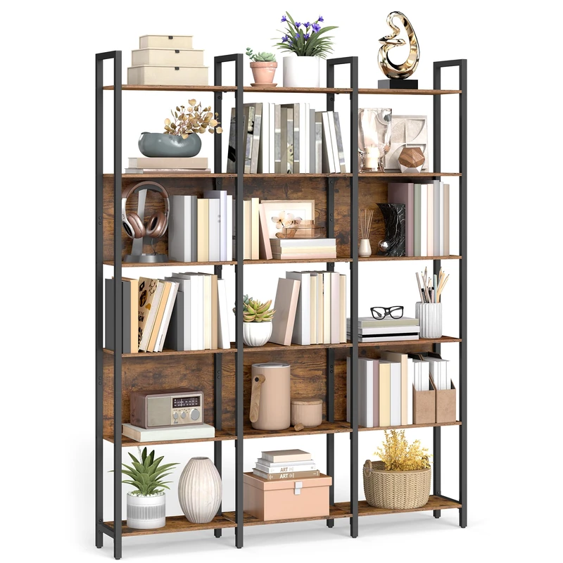 VASAGLE Bookcase, 6-Tier Bookshelf, Kitchen Storage Shelf, Industrial Style, for Office, Living Room, Bedroom, 24 x 128 x 187.1 cm, Industrial, Rustic Brown and Ink Black LLS151K01