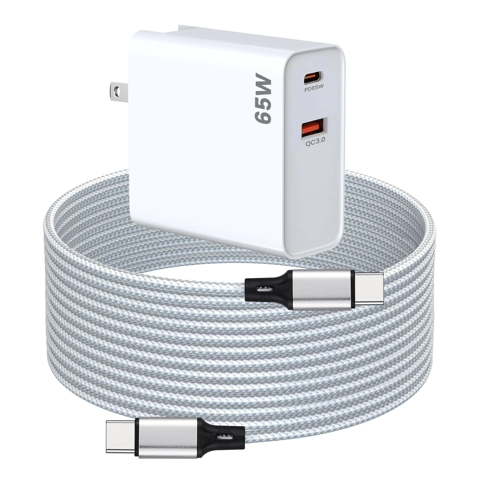 PD 65W USB C Super Fast Charger Compatible with Oculus Quest 3s, Quest 3 - Dual Port USB + Type C Adapter with 6.6ft C to C Charging Cable for Meta Quest 2 and Pico 4 Ultra VR Headsets