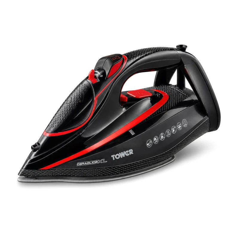 Tower Steam Iron 3100W, One Temperature Technology for Easy Ironing, XL Soleplate 20% Larger for Faster Coverage, 200g Steam Boost, Ceramic Soleplate, Anti-Scale System, Red & Black (T22034RED)