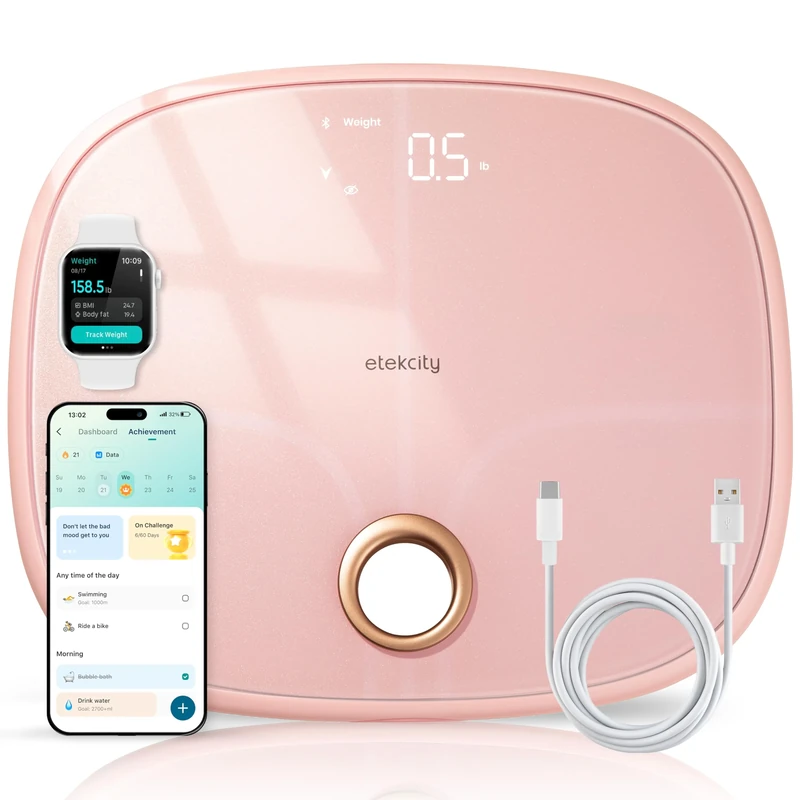 Etekcity Smart Rechargeable Scale for Body Weight, BMI, Fat, Muscle Mass, Digital Bathroom Scale with 13 Metrics, Secret Mode, Bluetooth Connect to Free Apps, Cotton Candy Pink