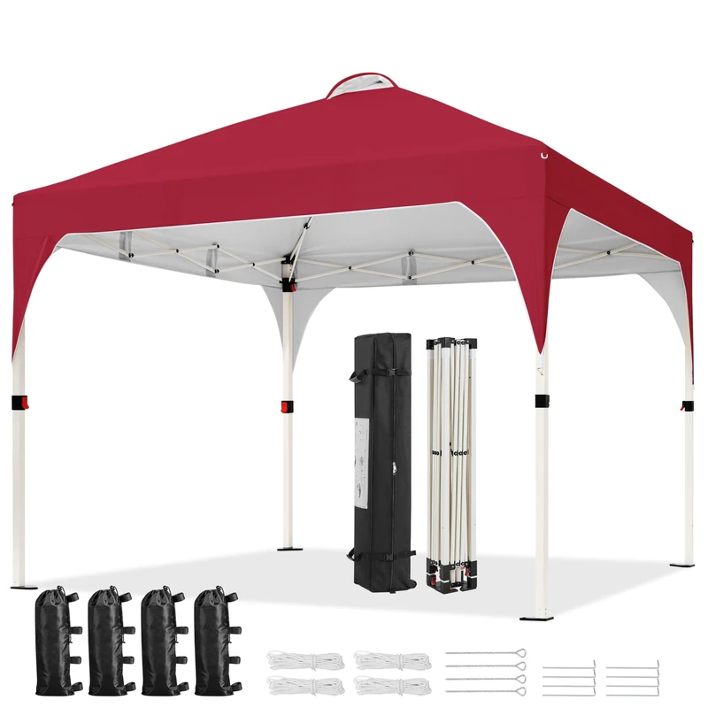 Yaheetech Pop Up Gazebo, 3x3m Instant Foldinng Shelter with Wheeled Bag, 4 Sandbags, 4 Ropes, 12 Stakes, Metal Frame, Adjustable Height, Top Air Vent, Red