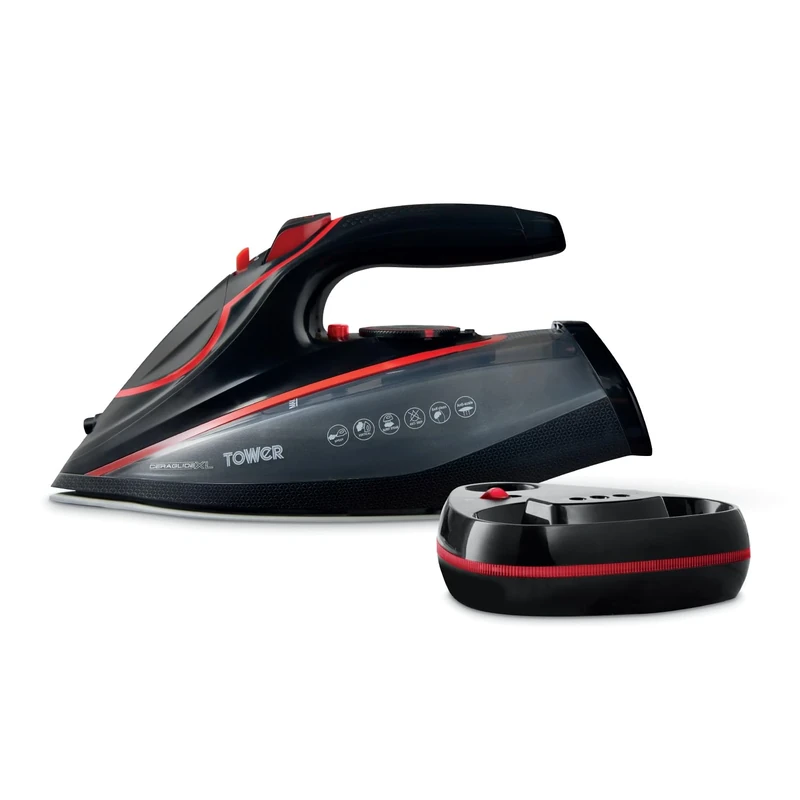 Tower T22035RED Cord/Cordless Steam Iron with Ceraglide XL Ceramic Soleplate, Thermostatic Dial Control, Anti-Calc & Anti-Drip Functions, Auto Shut Off, 350ml Water Tank, 3100W, Red & Black