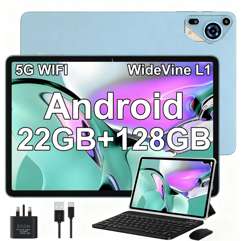 SKYEGG Android 14 Tablet 10 Inch – 22GB RAM, 128GB ROM, 8000mAh, WiFi 5G, Widevine L1, FHD IPS, USB-C – Tablet with Keyboard, Mouse, Case – for Study, Work & Streaming – Blue