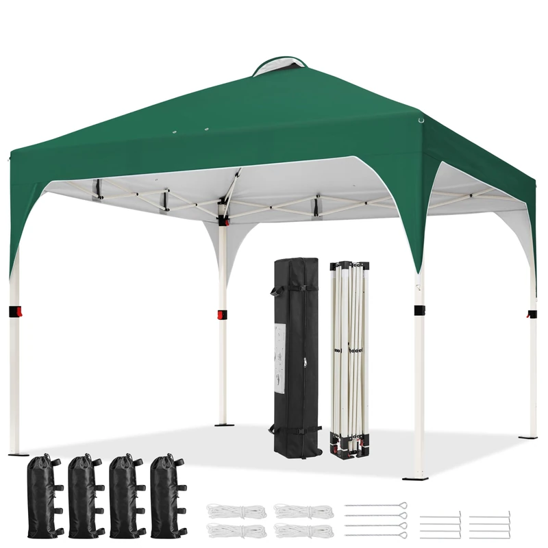 Yaheetech Pop Up Gazebo, 3x3m Instant Foldinng Shelter with Wheeled Bag, 4 Sandbags, 4 Ropes, 12 Stakes, Metal Frame, Adjustable Height, Top Air Vent, Dark Green