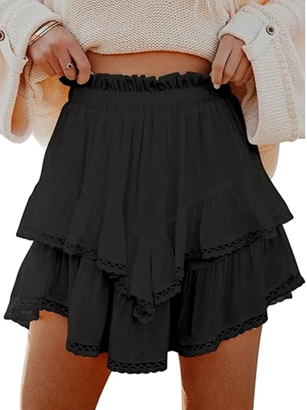 Women's Summer Skorts Casual Layered Ruffles Solid High Waist Mini Skirts (Black, M)