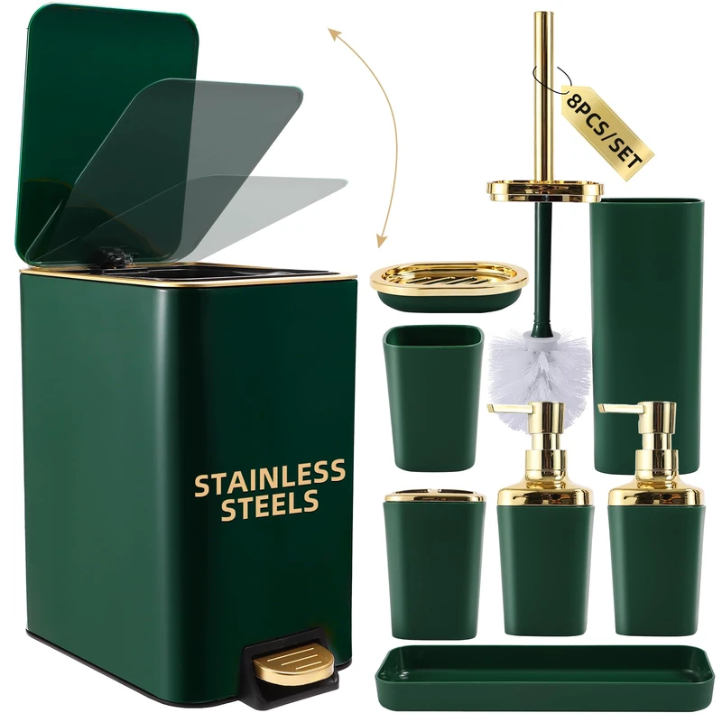 XLHOMO Bathroom Set Bathroom Accessories Set 8 Piece Green and Gold Bathroom Set, Bathroom Sets with Stainless Steel Trash Can,Toilet Brush,Toothbrush Set,Soap Dispenser