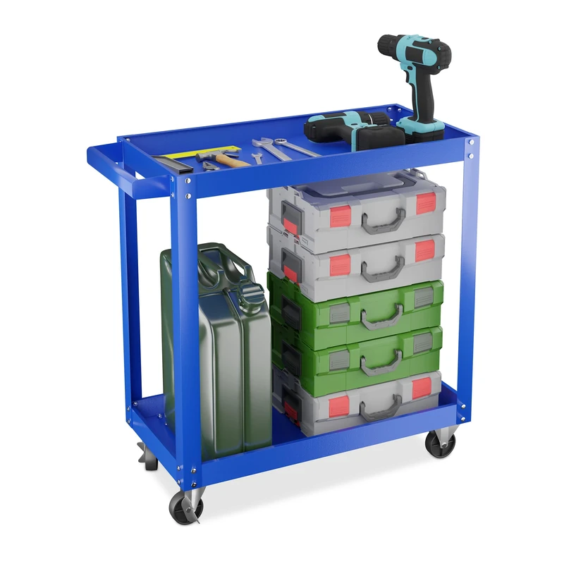 Relaxdays Tool Trolley, 2 Tiers, Workshop Cart, up to 100 kg, 76 x 78 x 35 cm, DIY Equipment, Garage & Mechanic, Blue, Steel, Rubber, Iron