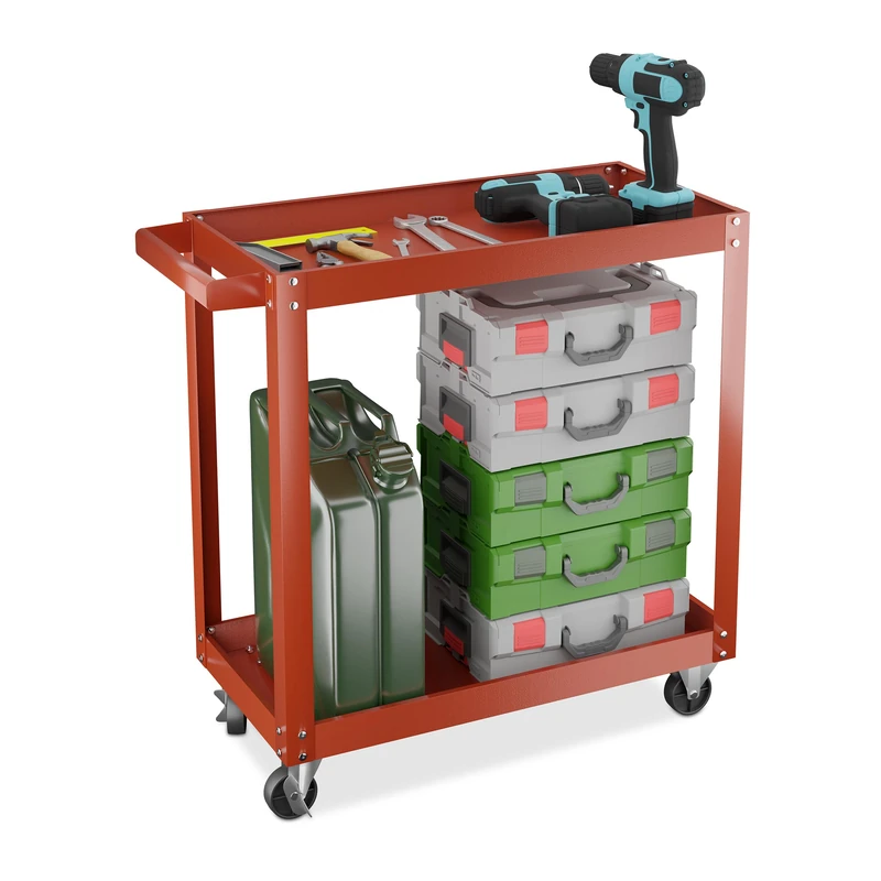 Relaxdays Tool Trolley, 2 Tiers, Workshop Cart, up to 100 kg, 76 x 78 x 35 cm, DIY Equipment, Garage & Mechanic, Red, Iron, Steel, Rubber