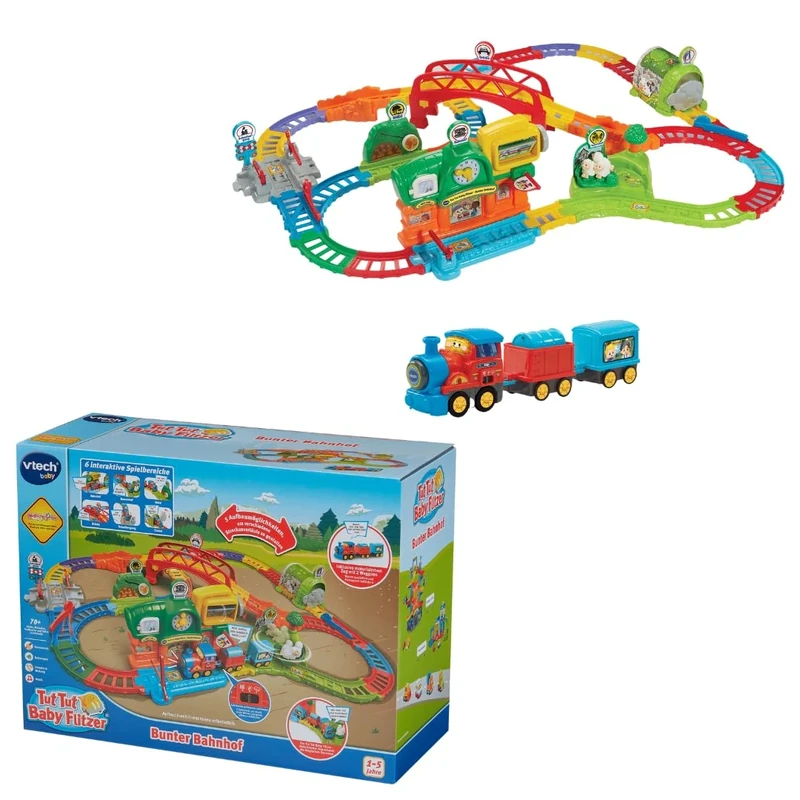 VTech TUT TUT Baby Speedster - Colourful Train Station | Interactive Playset with Motorised Train, 2 Carriages, 70+ Melodies & Sounds, 19+ Rails & 6 Play Areas, from 1 Year