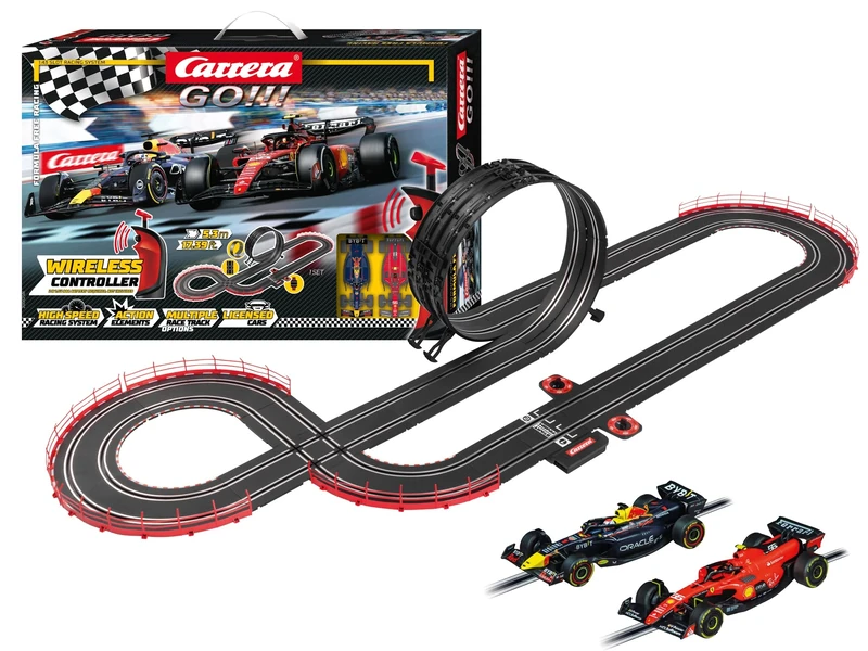 Carrera GO!!! 20062581UK Formula Free Racing (Wireless) I F1 Slot Racing Set 1:43 Scale, 5.3 Metres, With Max Verstappen No1 & Carlos Sainz No55, Black