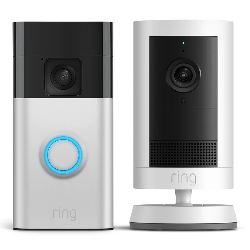 New Ring Outdoor Camera Plus (Battery, White) + Ring Battery Video Doorbell (Satin Nickle) | 2K with Ring Vision I DIY Wireless Outdoor Security Camera