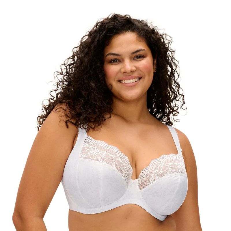Elomi Women's Plus Size Lucie Stretch Lace Underwire Plunge Bra, White, 42E