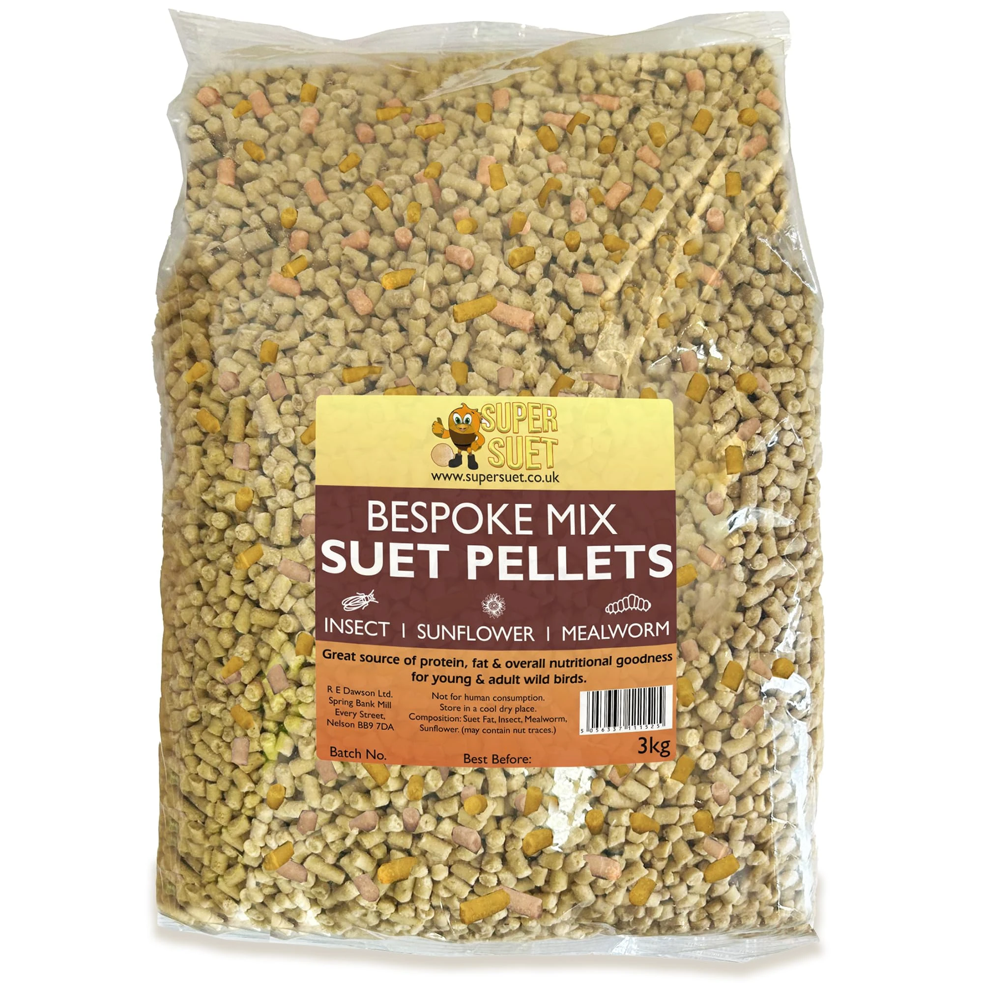 3kg Suet Fat Pellets Bag ULTIMATE MIX of Mealworm, Insects & Sunflower Hearts for Wild Birds High Energy Feed - MADE IN UK - Bird Food - Perfect for Hanging Bird Feeders