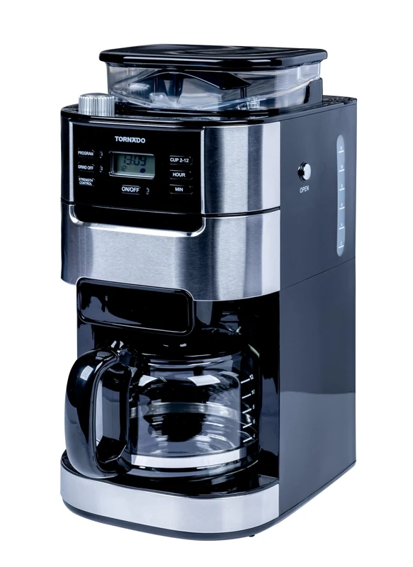 Tornado TCM-1025A-GS CAFETIÈRE À FILTRE MANUELLE AVEC BROYEUR CONIQUE, 1,5 L, 12 TASSES, 900-1050 W, ACIER INOXYDABLE, NOIR