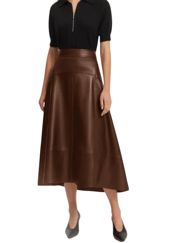 Jild Real Lambskin Leather Skirts for Women High Waist Classical Mid Length Going Out Skirt with Stylish Patchwork, Brown, S
