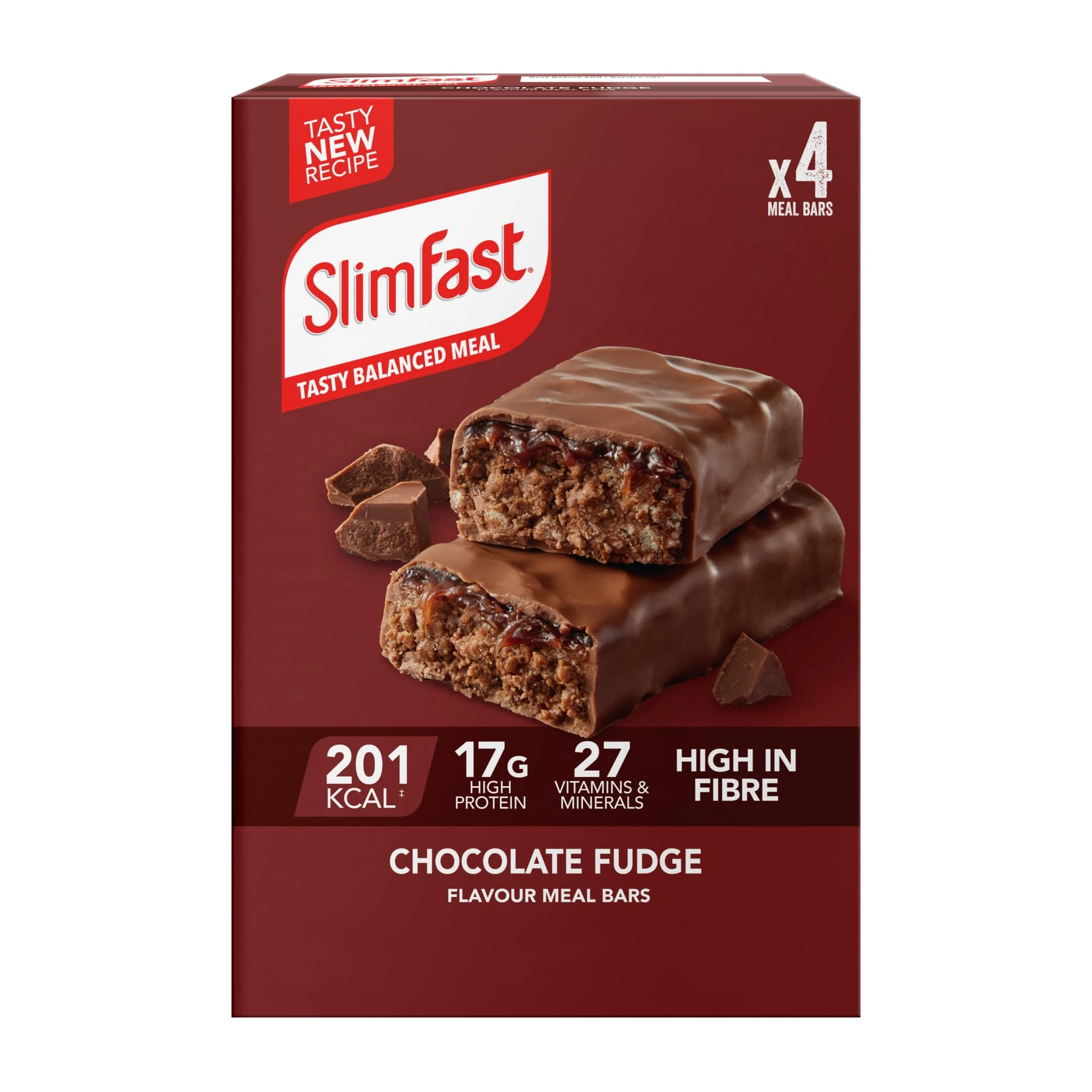 SlimFast Chocolate Fudge Meal Bar, 17 g Protein, 201 Calories, 27 Vitamins & Minerals, Have as a Meal Replacement for Weight Management or as a High-Protein Snack for Work, Gym & Travel, 4x60 g