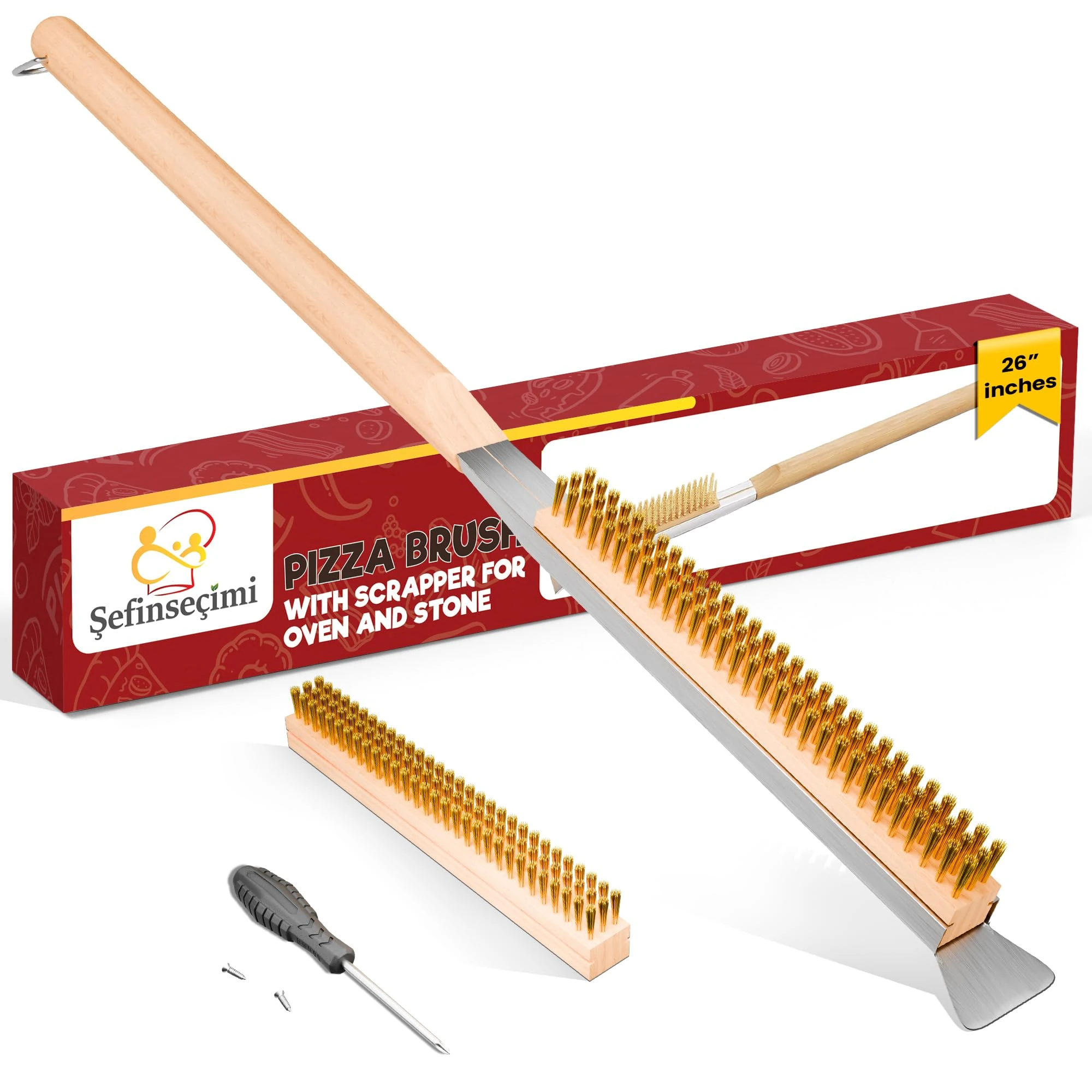 Sefinsecimi Pizza Oven Brush 26 inches with Scraper – Heavy-Duty Brass Bristles, Wooden Handle for Easy Grip – Ideal for Cleaning Pizza Stones, Ovens & Grills – Pro Pizza Oven Tool.